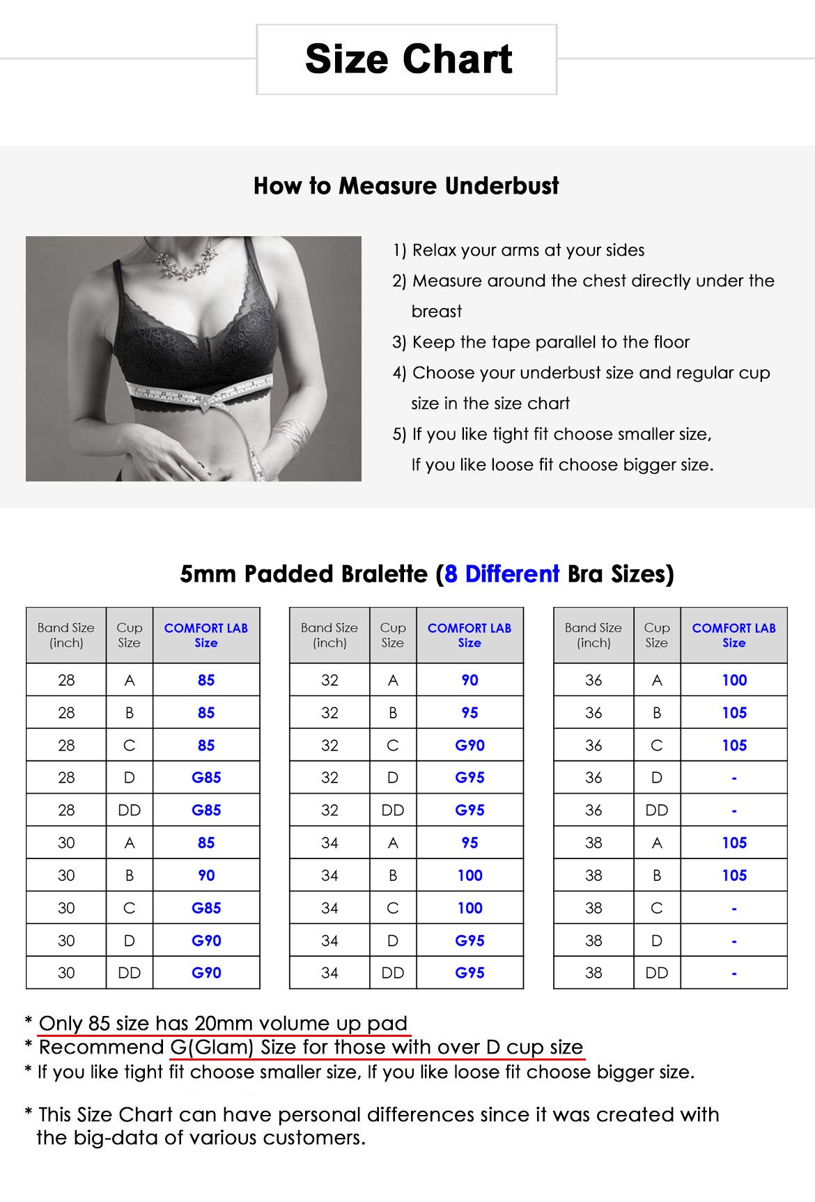 Size Chart 5mm Padded Bra 8 Different Bra Sizes 